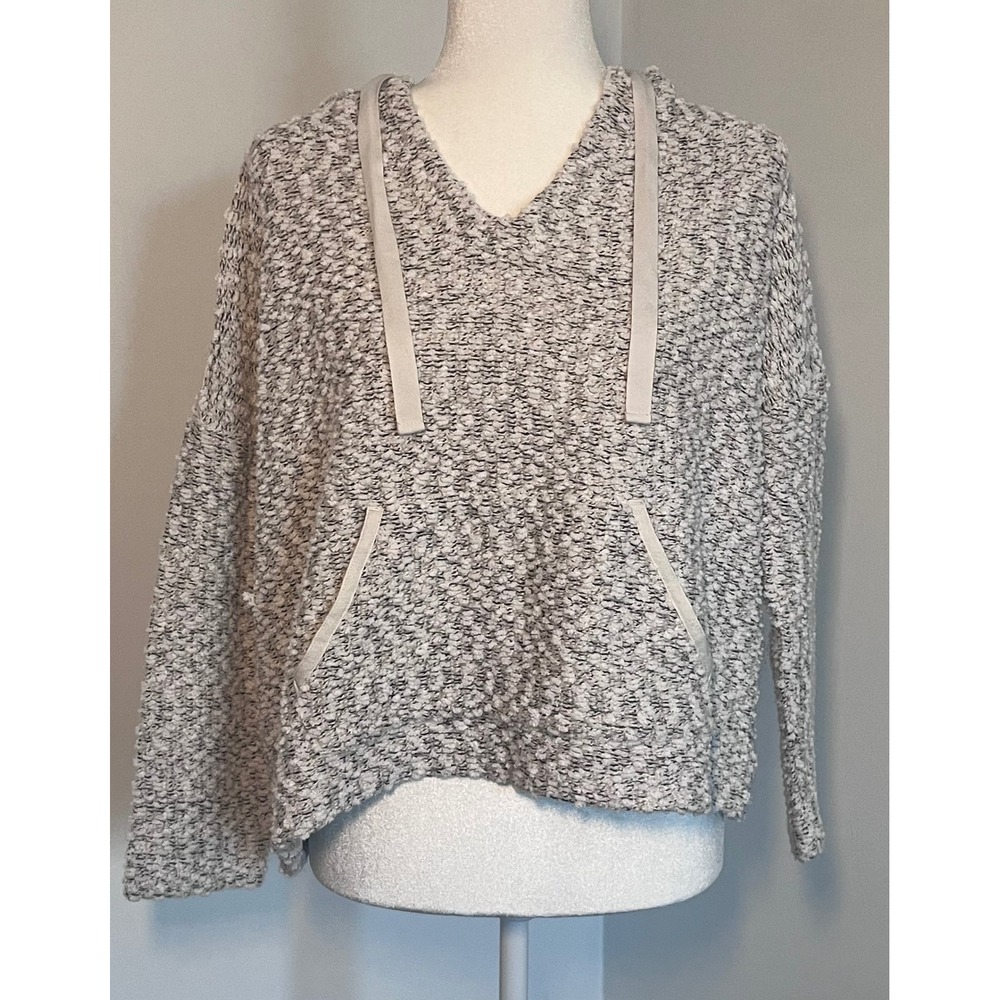 Lou & Grey Knit Hoodie Women Medium Gray White Textured Pullover Cottagecore